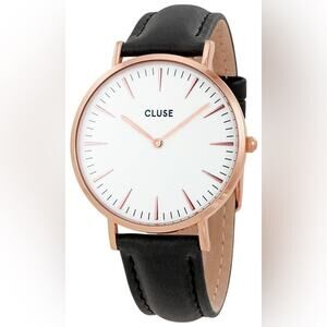CLUSE Black Leather Rose Gold Plated Steel White Dial Watch